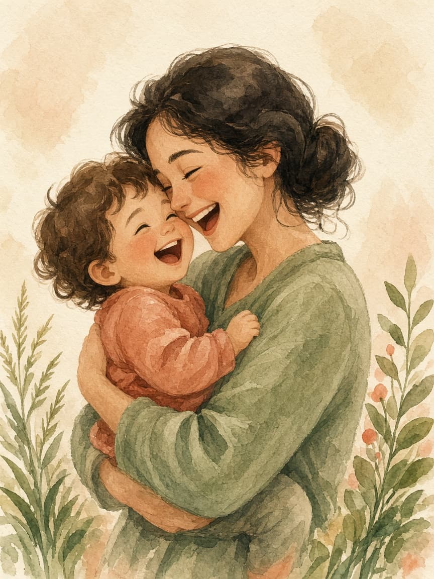 A mother holding her laughing child outdoors in a warm storybook-style illustration